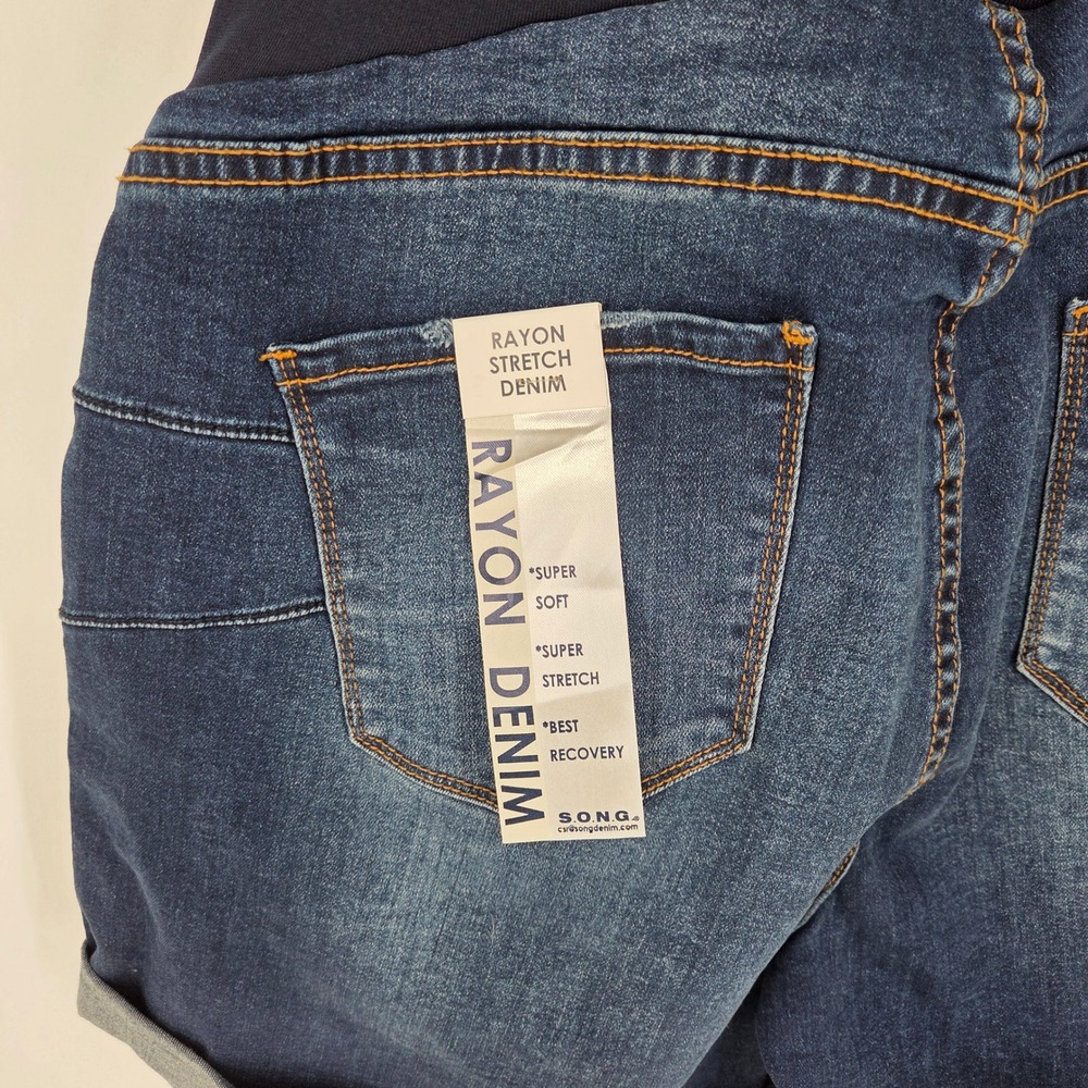 S.O.N.G. Maternity Dark Wash Rayon Stretch Denim Full Belly Band Shorts XL - Picture 6 of 6